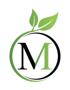 Merrick and Merrill Lawn Care Logo. Capital letter "M" that is half green and half black enclosed in a leaf-like circle.