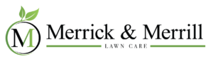 Full Merrick & Merrill Lawn Care Logo that includes both the actual Company name and company logo of a green and black uppercase letter "M" encircled by what seems like a green and black vine with two green leaves growing from the top.