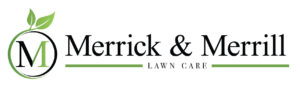 Full Merrick & Merrill Lawn Care Logo that includes both the actual Company name and company logo of a green and black uppercase letter "M" encircled by what seems like a green and black vine with two green leaves growing from the top.