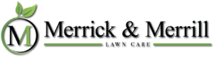 Full Merrick & Merrill Lawn Care Logo that includes both the actual Company name and company logo of a green and black uppercase letter "M" encircled by what seems like a green and black vine with two green leaves growing from the top.